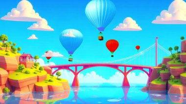 Yüzen Ada Köprüsü Çizgi Filmi Sıcak Hava Balonları ve Sakin Su