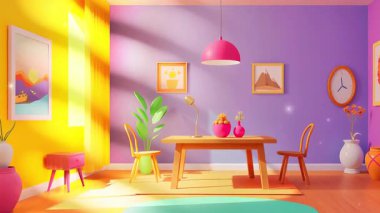 Modern Yemek Odası Sahne A Parlak ve renkli İçi Tahta Masa ile