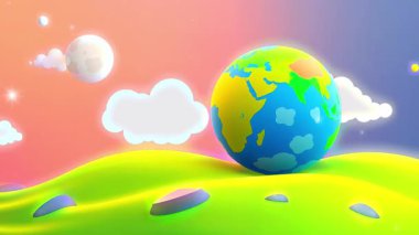 Yeşil Tepe 'deki Çizgi Dünya Pastel Gökyüzünün Altındaki Parlak ve Neşeli Manzara