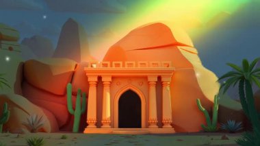 Rolling Desert Dunes 'un ortasında Altın Tapınak Sahnesi Cacti, Palmiye Ağaçları ve dramatik bir Gökyüzü