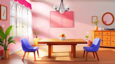 Pastel Yemek Ambiance İçişleri Odası Tahta Masa ve Mavi Sandalyeler