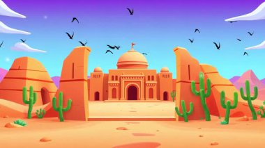 Çöl Sığınağı. Kaktüslerin ve Kum Kumu 'nun arasına kurulmuş Antik bir Kale. Bir Arid arazisinde Mimari Mirasın Canlı Bir Tasviri.