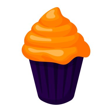 Çizgi film tarzında Cadılar Bayramı keki. Cadılar bayramın kutlu olsun. Vektör illüstrasyonu beyaz arkaplanda izole edildi.