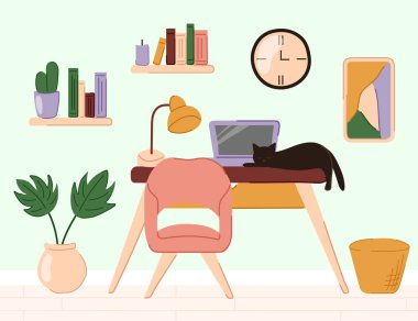 Düz dizayn ofis çalışma alanı, dizüstü bilgisayarı ve kedisi var. Karalama minimalist tarzı. Eğitim. Vektör illüstrasyonu.