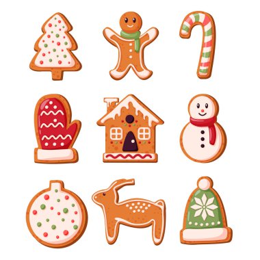 Çizgi film tarzında zencefilli kurabiye koleksiyonu. Ev yapımı kış tatlısı, zencefilli kurabiye adam, Noel ağacı, ren geyiği, eldiven, kardan adam. Vektör illüstrasyonu beyaz arkaplanda izole edildi.