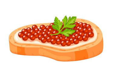 Maydanoz yapraklı kırmızı havyarlı sandviç. Lezzetli havyar ve tereyağlı ekmek. Deniz ürünleri. Sandviç somonu havyarı..
