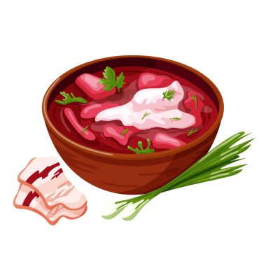 Yeşil soğanlı Ukrayna çorbası, ekşi krema ve domuz yağı. Vektör karikatür çizimi beyaz arkaplanda izole edildi.
