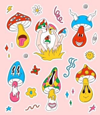 Çizgi film stili mantar mantarlı karakter çıkartması. Eskimiş elementleri ve komik yüzleri olan saykodelik karakter koleksiyonu. Tuhaf gerçeküstü mantarlar. Pembe arkaplanda izole edilmiş vektör illüstrasyonu