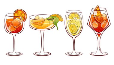 Alkolik yaz kokteyl koleksiyonu aperol, limoncello, hugo, campari spritz. Çizgi film tarzında alkollü kokteyller. Vektör illüstrasyonu beyaz arkaplanda izole edildi.