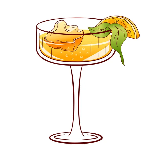 Limoncello Spritz Cocktail Lemon Slice Basil Leaves Ice Cubes Line — Stock Vector