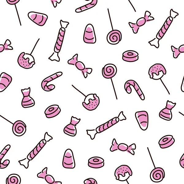 Cadılar Bayramı şekerle kusursuz desen. Pembe renkli Doodle stili. Cadılar Bayramı için şekerli çizgiler. Tekstil, ambalaj kağıdı, hediye kağıdı, kumaş için. Vektör illüstrasyonu beyaz arkaplanda izole edildi.