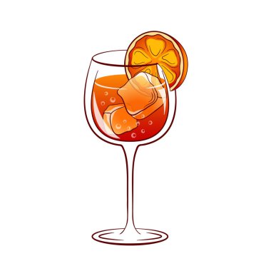 Aperol sprey kokteyli. Taze portakal ve buzlu alkollü içecek. Vektör illüstrasyonu beyaz arkaplanda izole edildi.
