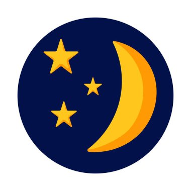Çizgi film tarzında yıldızlı hilal. Gece gökyüzünde ay. Vektör illüstrasyonu beyaz arkaplanda izole edildi.