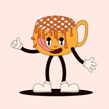 Karamel yalayan harika bir içki. Damlayan karamelli bir fincan kahve. Şeftali arkaplanda izole edilmiş vektör illüstrasyonu.