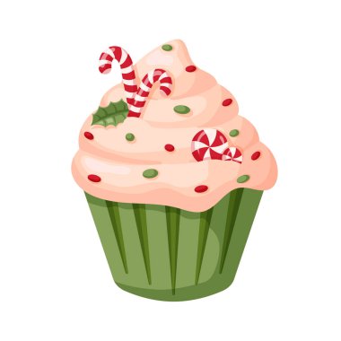 Çubuklu Noel keki ve ökseotu. Çizgi film tarzında Holly Cupcake. Vektör illüstrasyonu beyaz arkaplanda izole edildi.