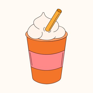 Kağıt bardakta kahve, saman ve krema. Çizgi sanatı tarzı. Vektör illüstrasyonu beyaz arkaplanda izole edildi.