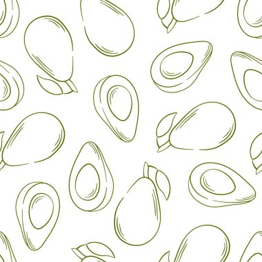 Avokado sanat tarzında kusursuz desen. Paket, tekstil, gıda dükkanı, menü için tek renkli el çizimi tasarımı. Beyaz arkaplanda vektör illüstrasyonu.