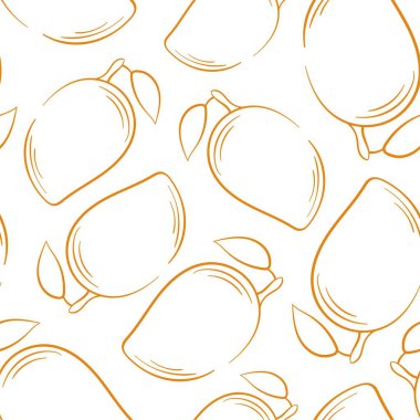 Sanat tarzında kusursuz bir mango deseni. El yapımı mango arka planı. Beyaz arkaplanda vektör illüstrasyonu.