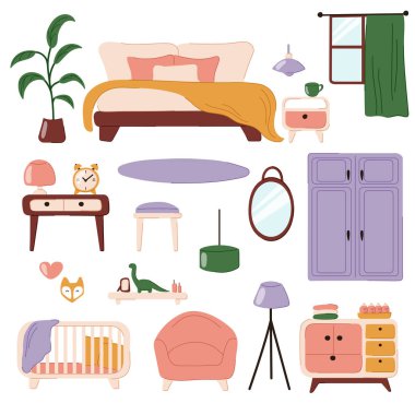 Yatak odası mobilyaları düz bir şekilde dizilmiş. Ayrı bir mobilya yatağı, gardırop, koltuk, lamba koleksiyonu. Çocuk odası mobilyaları.