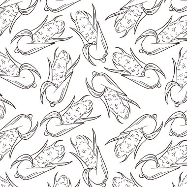 Mısır koçanı mısır tarlasında sanat tarzında kusursuz desen. Mısır karalaması hasat duvar kağıdı. Beyaz arkaplanda vektör illüstrasyonu.