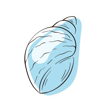 Deniz kabuğu mavi renkli sıra sanatında yer alır. Deniz ürünleri pazarı, restoran, dükkan, logo için deniz altı deniz kabuğu silueti. Vektör illüstrasyonu beyaz arkaplanda izole edildi.