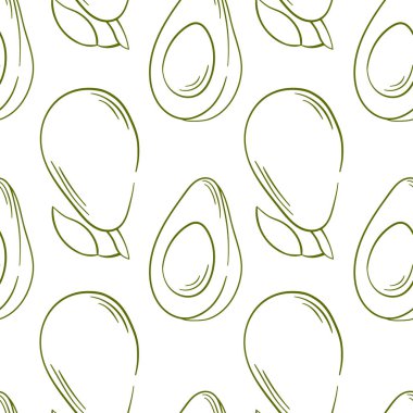 Avokado sanat tarzında kusursuz desen. Tekstil, paket, ambalaj kağıdı için tasarım. Beyaz arkaplanda vektör illüstrasyonu.