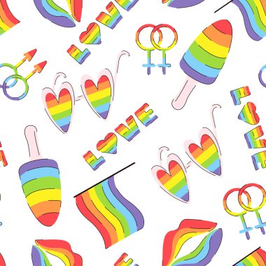Gurur sembolleri ve gökkuşağı renkleriyle LGBTQ vektörsüz desen. Bayrak, dudak, dondurma, bardaklar, cümleler. Onur Yürüyüşü. Gurur Ayı. Doodle vektör çizimi. Tekstil ve ambalaj için
