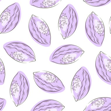 Sanat tarzında kusursuz deniz kabuğu deseni. Arka plan için deniz dekoru, duvar kağıdı, paket, menü. Beyaz arkaplanda vektör illüstrasyonu.