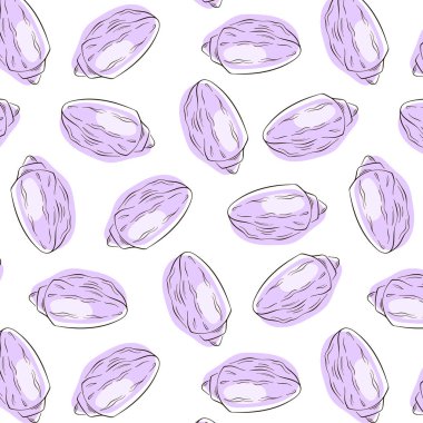 Deniz kabuğu deseni sanat tarzında kusursuz. Tekstil, paket, deniz ürünleri restoranı için denizaltı yaz tasarımı. Beyaz arkaplanda vektör illüstrasyonu.