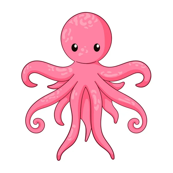 Pink Octopus Cartoon Character Flat Line Art Style Aquatic Undersea — Stock Vector
