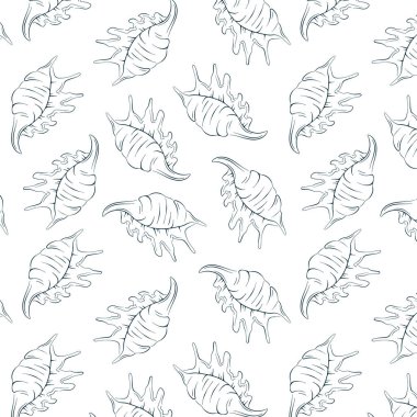 Deniz kabuklarıyla çizgili kusursuz desen. El yapımı denizaltı tarzı. Kumaş tasarımı, ambalaj kağıdı ve baskı için kusursuz. Beyaz arkaplanda vektör illüstrasyonu.