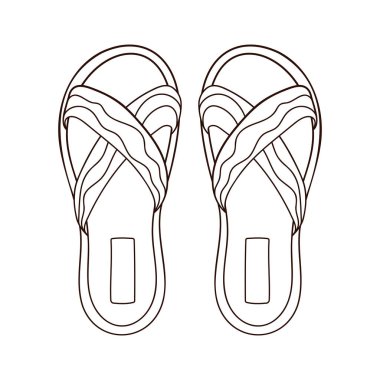Sanat tarzında dalga çizgileri olan terlikler. Terlik giyen kadın, plaj çizgisi sembolü için kadın ayakkabısı. Vektör illüstrasyonu beyaz arkaplanda izole edildi.