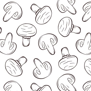 Sanat tarzında kusursuz mantar şampiyonluğu deseni. Duvar kâğıdı, tekstil, ambalaj, kumaş, gıda mağazası için dekoratif zemin. Beyaz arkaplanda vektör illüstrasyonu.