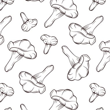 Chanterelle mantarları sanat tarzında kusursuz desenli. Bitmek bilmeyen tekrarlanabilir doku ve organik vejetaryen yiyecekler. Beyaz arkaplanda vektör illüstrasyonu.