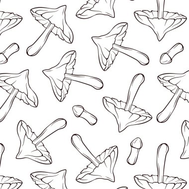 Kusursuz mantar deseni sanat tarzında ölümcül ağ kapağı. Duvar kâğıdı, ambalaj, kumaş, dekor için dekoratif zemin. Beyaz arkaplanda vektör illüstrasyonu.