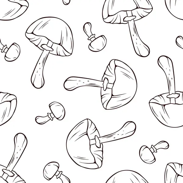 Autumn Skullcap Inedible Mushroom Seamless Pattern Line Art Style Design — Stock Vector