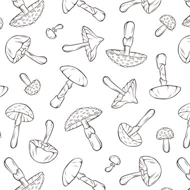 Kusursuz desenli, yenmez mantarlı sanat tarzı. Ambalaj kağıdı, duvar kağıdı, sivri sinekli tekstil, yok edici melek, ölümcül ağ kapağı ve sonbahar kafatası kapağı için tasarım. Vektör illüstrasyonu