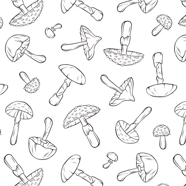Seamless Pattern Inedible Mushrooms Line Art Style Design Wrapping Paper — Stock Vector