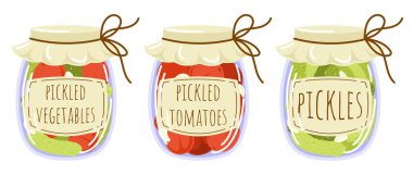 Düz stil sebze turşusu. Konserve salatalık, domates, etiketli sarımsak. Mevsimlik marine edilmiş yiyecekler. Vektör illüstrasyonu beyaz arkaplanda izole edildi.