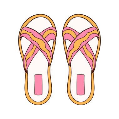 Çizgi film tarzında sarı ve pembe renkli çizgili terlikler. Plaj çizgisi sembolü için terlik giymiş kadın ayakkabıları. Vektör illüstrasyonu beyaz arkaplanda izole edildi.