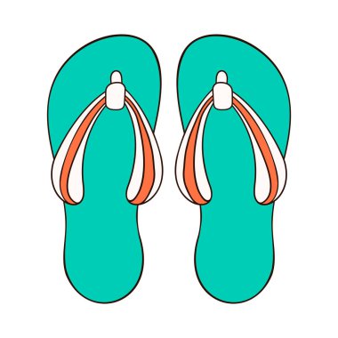 Çizgi film stili üst görünümde bir çift parmak arası terlik. Erkek ve kadın için yaz zamanı terlikleri, ayakkabı mağazası için yeşil ve turuncu renkler tasarlıyor. Vektör illüstrasyonu beyaz arkaplanda izole edildi.