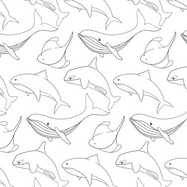 Denizaltı ve okyanus hayvanları sanat tarzında kusursuz desenli. Vahşi deniz canlıları köpekbalığı, mavi balina, iğneli vatoz ve katil balina. Beyaz arkaplanda vektör illüstrasyonu.