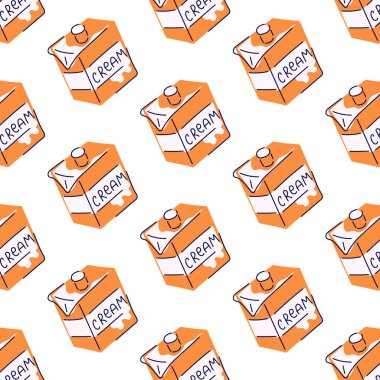 Çizgi film tarzında sütlü kremalı kusursuz desen. Tekstil ve duvar kağıtları için düz tasarım. Beyaz arkaplanda vektör illüstrasyonu.