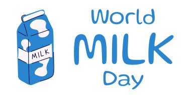 Çizgi film tarzında dünya ulusal süt günü afişi. Taze süt ürünü. Market için tasarım. Vektör illüstrasyonu beyaz arkaplanda izole edildi.