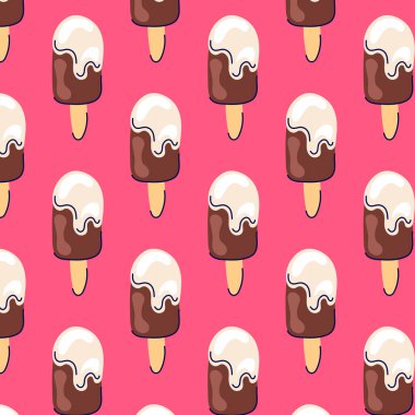 Dondurmanın düz bir şekli var. Tekstil, market, şekerci için süt ürünü tasarımı. Pembe arkaplanda vektör illüstrasyonu.