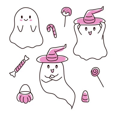 Şekerleme tarzında cadılar bayramı hayaleti. Vektör illüstrasyonu beyaz arkaplanda izole edildi.