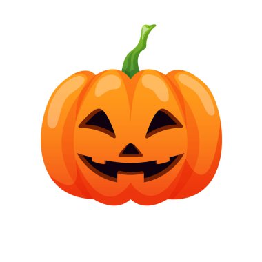 Çizgi film tarzında Cadılar Bayramı balkabağı ikonu. Gülümseyen korkunç balkabağı, gülen surat. Portakal kabağı. Vektör illüstrasyonu beyaz arkaplanda izole edildi.