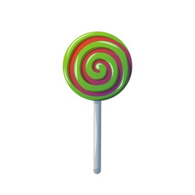 Şekerli lolipop şekeri çizgi film tarzında. Yeşil ve mor renklerde sarmal tatlı renkler. Vektör illüstrasyonu beyaz arkaplanda izole edildi