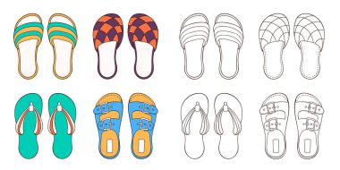 Çizgi film tarzında yaz ve ev için erkek ayakkabıları koleksiyonu. El çizimi, erkek için sıradan ayakkabılar. Boyama kitabı için tasarım. Vektör illüstrasyonu beyaz arkaplanda izole edildi.