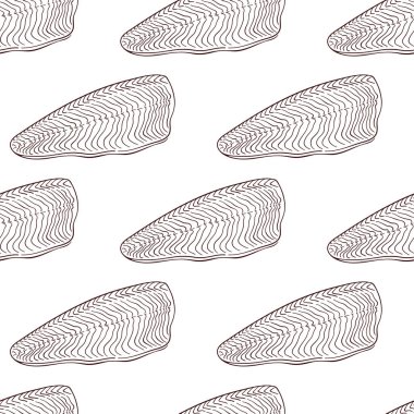 Sanat tarzında somon dilimleri. Menü kafe, restoran, dükkan, market, paket tasarımı. Beyaz arkaplanda vektör illüstrasyonu.